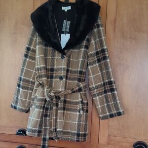 New Ellen Reyes Plaid Jacket Faux Fur Trim 3x